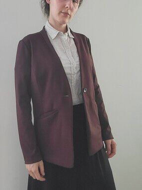 Women's Duluth Trading Co Blazer Jacket sz M 8 Burgundy Red Ponte Pro Blazer